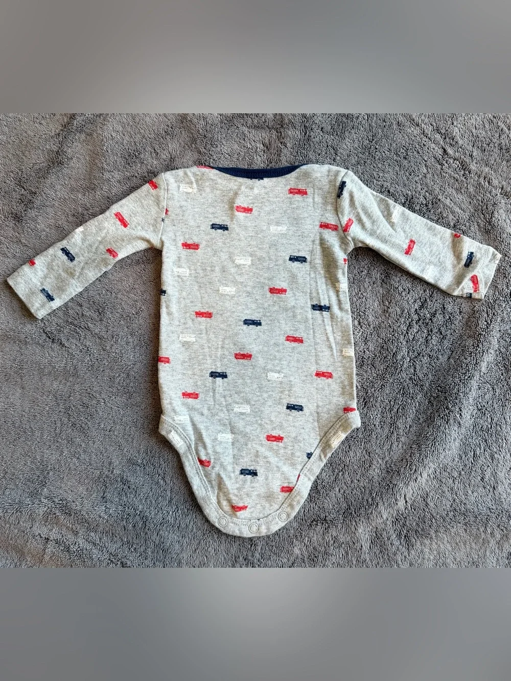 ❤️$3 with Bundle!  Grey Long-Sleeve One-Piece with Red & Navy Firetruck Print